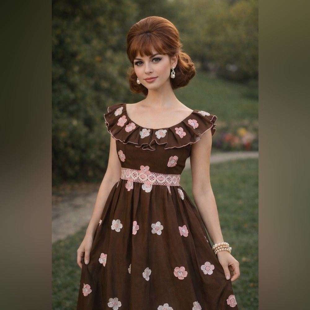 Vintage 1970s Floral Maxi Dress Sz Small Brown Pink Floral Emboidered Prom Gown